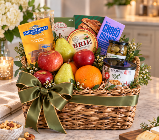 Fresh Fruit & Chocolate basket, Deluxe size: apples, pears, oranges, Brie, Ghirardelli chocolate, biscotti, crackers, salami, olives and nuts
