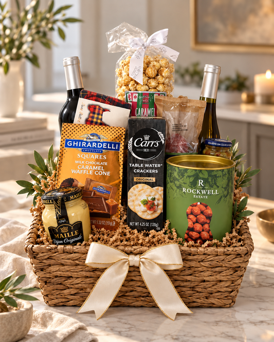 Wine Lover's basket, Deluxe size: red and white wine, Ghirardelli chocolate, crackers, salami, olives, Dijon mustard and nuts