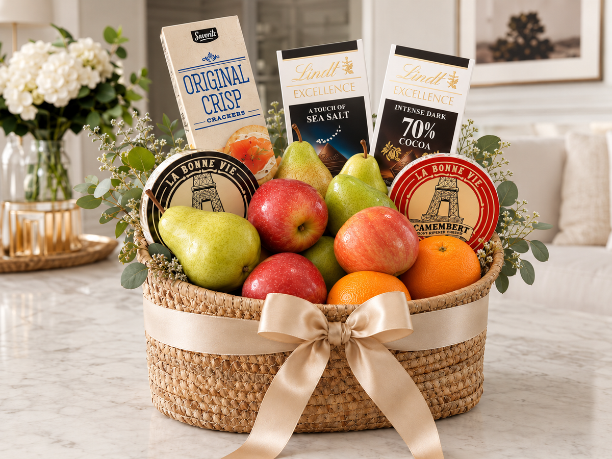 Orchard Fruit & Cheese basket, Super Deluxe size: apples, pears, oranges, Camembert, Brie, crackers and two Lindt Excellence chocolate bars