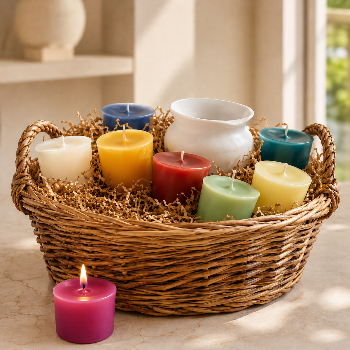 Rainbow Glow Candle Gift Basket, Premium size: 8 colorful candles and a white ceramic candle holder in a woven basket