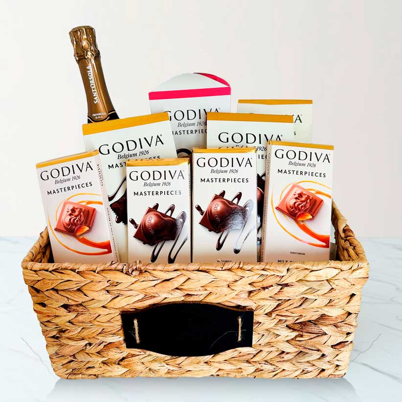 Anniversary gift basket with champagne and Godiva chocolates