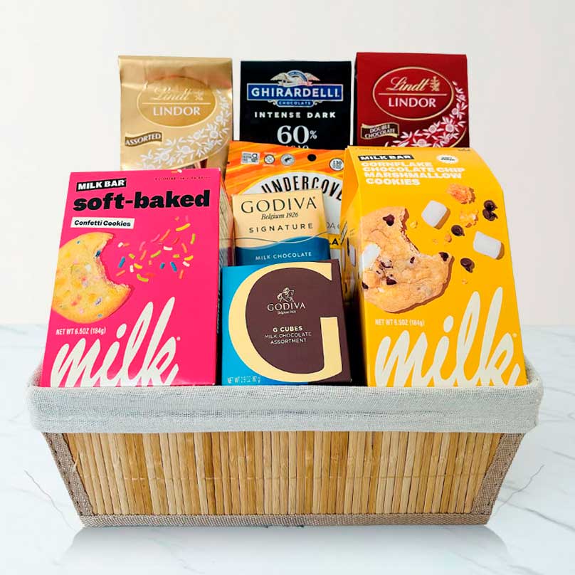 Birthday gift basket with gourmet cookies and chocolates