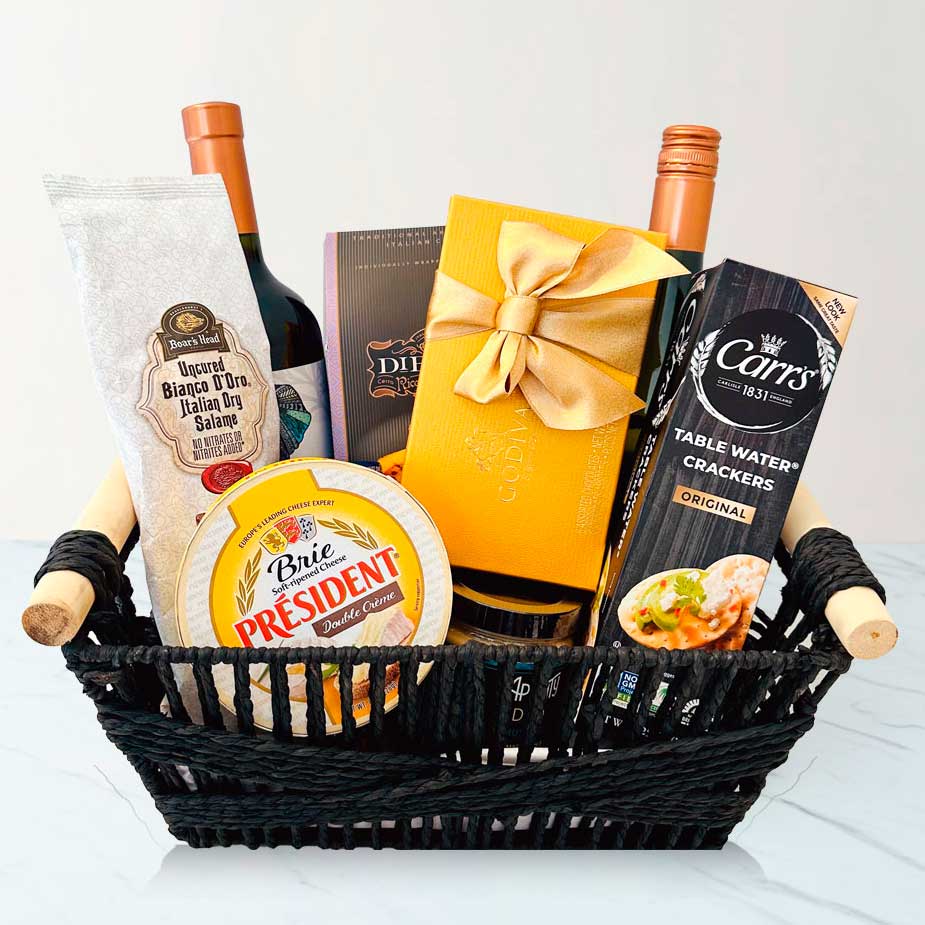 Thank you gift basket with gourmet cheese, crackers and treats