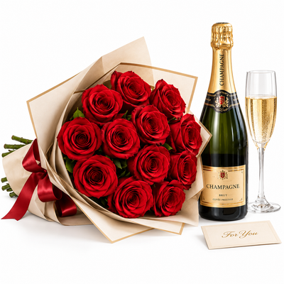A dozen red roses with a bottle of sparkling wine
