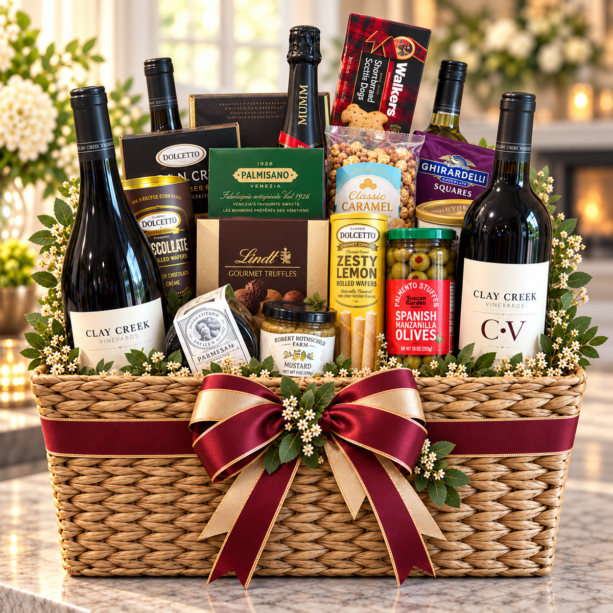 Grand Toast basket, Deluxe size: wines, sparkling wine, chocolate truffles, chocolate squares, cookies, cheese and olives