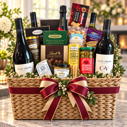 Grand Toast basket, Deluxe size: wines, sparkling wine, chocolate truffles, chocolate squares, cookies, cheese and olives