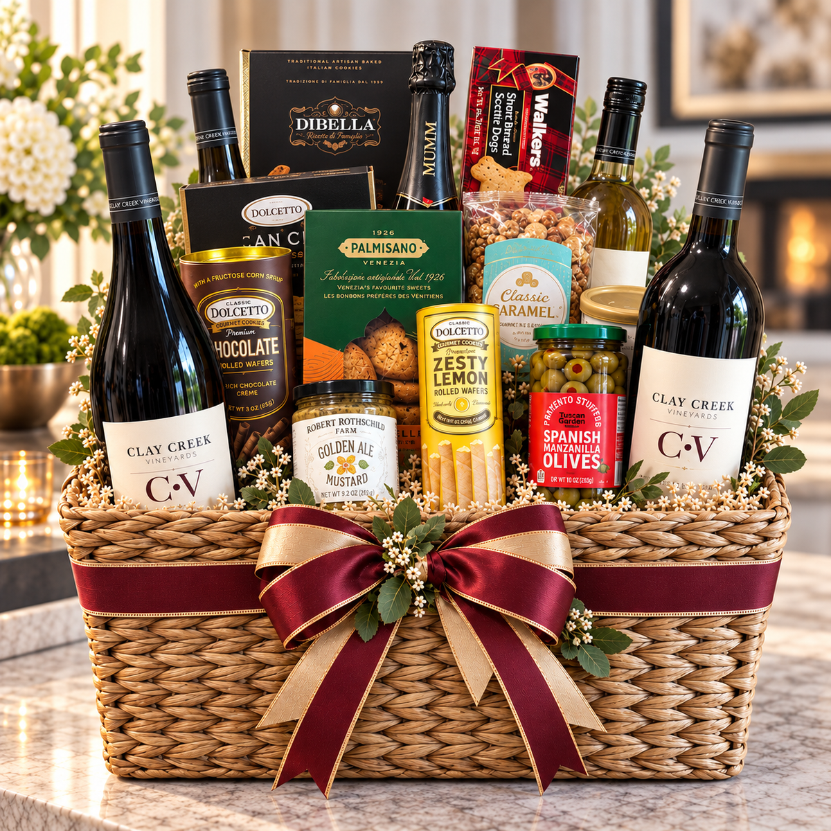 Grand Toast basket, Premium size: wines, sparkling wine, Italian cookies, shortbread, wafers, mustard and olives with a burgundy ribbon