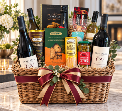 Grand Toast basket, Standard size: red and white wines, sparkling wine, rolled wafers, Italian cookies and olives in a woven basket