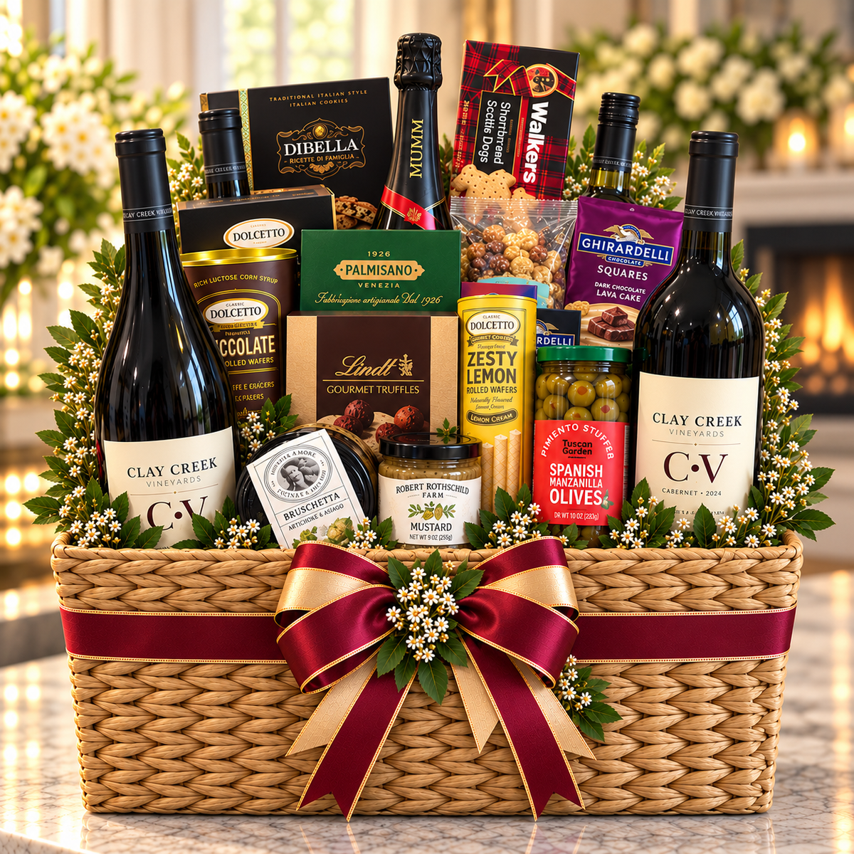Grand Toast basket, Super Deluxe size: our fullest basket of wines, sparkling wine, truffles, chocolates, cookies and savory treats