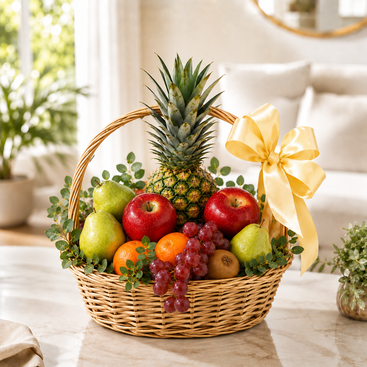 Fresh fruit gift basket with apples, pears, oranges, grapes and pineapple in a handled wicker basket with a gold ribbon