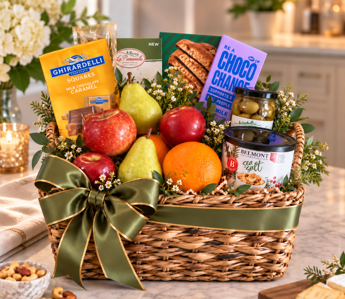 Fresh Fruit & Chocolate basket, Premium size: apples, pears, oranges, Ghirardelli chocolate, biscotti, crackers, salami, olives and nuts