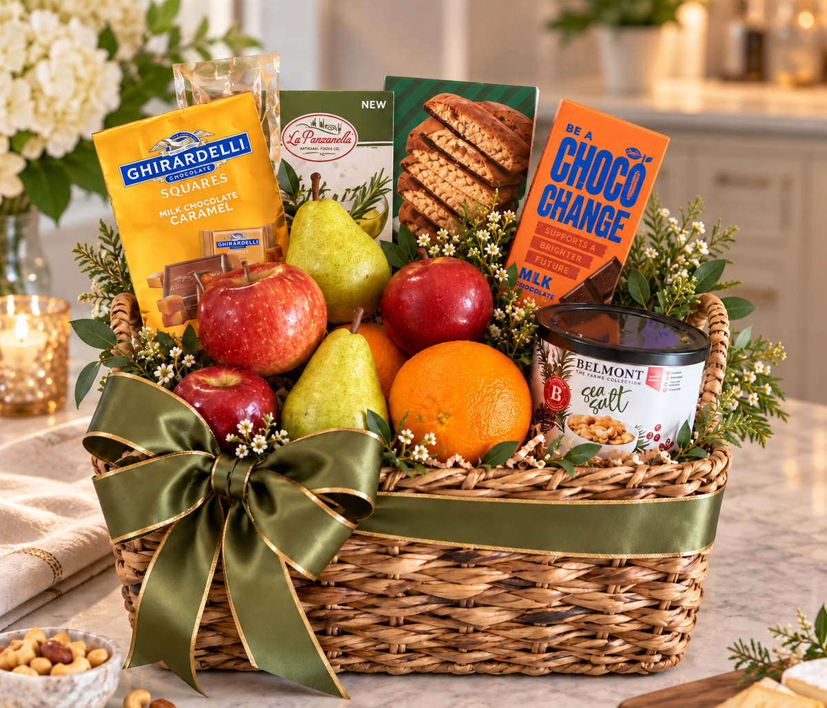 Fresh Fruit & Chocolate basket, Standard size: apples, pears, oranges, Ghirardelli chocolate, biscotti, crackers, salami and nuts