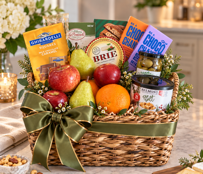 Fresh Fruit & Chocolate basket, Super Deluxe size: extra fruit and chocolates, Brie, Ghirardelli chocolate, biscotti, crackers, salami, olives and nuts