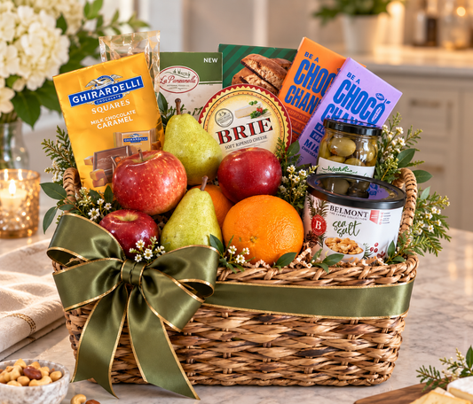 Fresh Fruit & Chocolate basket, Super Deluxe size: extra fruit and chocolates, Brie, Ghirardelli chocolate, biscotti, crackers, salami, olives and nuts