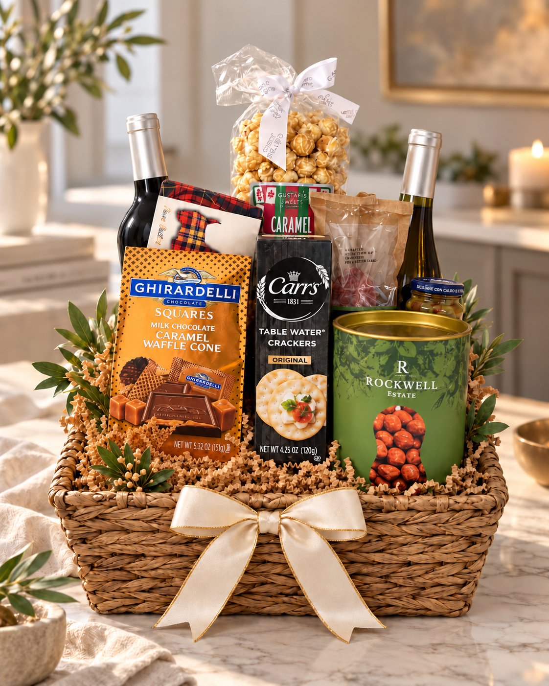Canasta para amantes del vino, tamaño Premium: vino tinto y blanco, chocolate Ghirardelli, galletas, salami, aceitunas y nueces