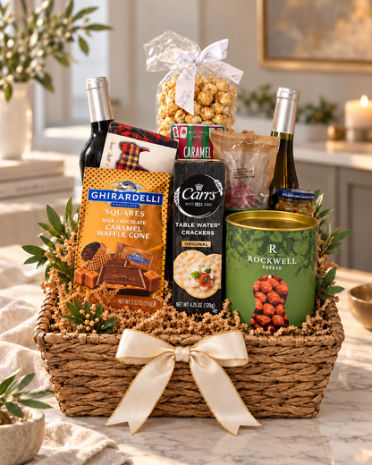 Canasta para amantes del vino, tamaño Premium: vino tinto y blanco, chocolate Ghirardelli, galletas, salami, aceitunas y nueces