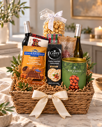 Canasta para amantes del vino, tamaño Estándar: vino tinto y blanco, chocolate Ghirardelli, palomitas, galletas de mantequilla, galletas saladas, salami y nueces