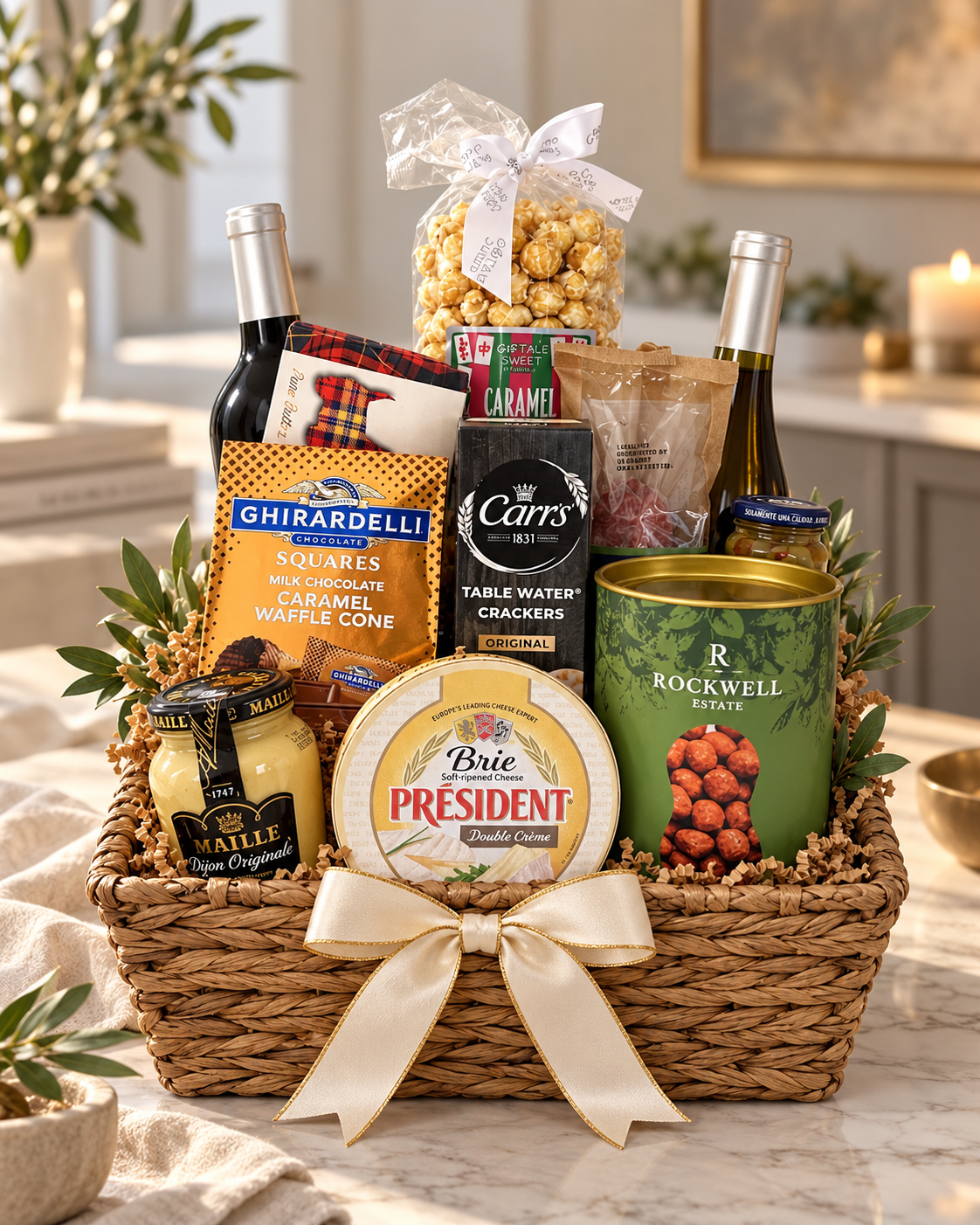 Canasta para amantes del vino, tamaño Super Deluxe: vino tinto y blanco, brie, chocolate Ghirardelli, galletas, salami, aceitunas, mostaza y nueces