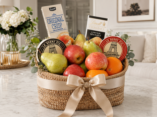 Orchard Fruit & Cheese basket, Deluxe size: apples, pears, oranges, Camembert, Brie, crackers and Lindt Excellence sea salt chocolate