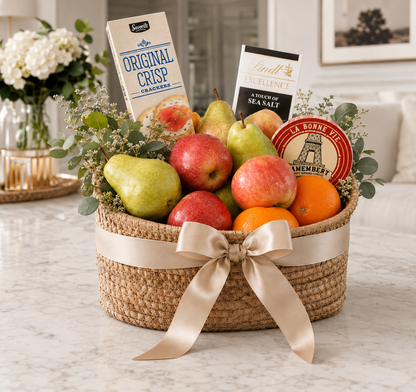 Orchard Fruit & Cheese basket, Premium size: apples, pears, oranges, Camembert, crackers and Lindt Excellence sea salt chocolate