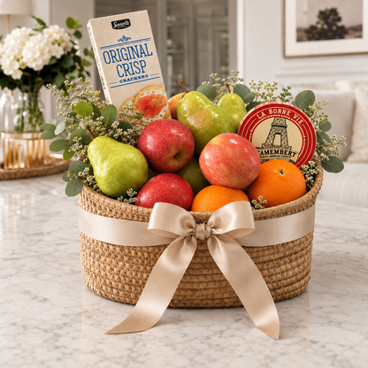 Orchard Fruit & Cheese basket, Standard size: apples, pears, oranges, Camembert and crisp crackers with a satin bow