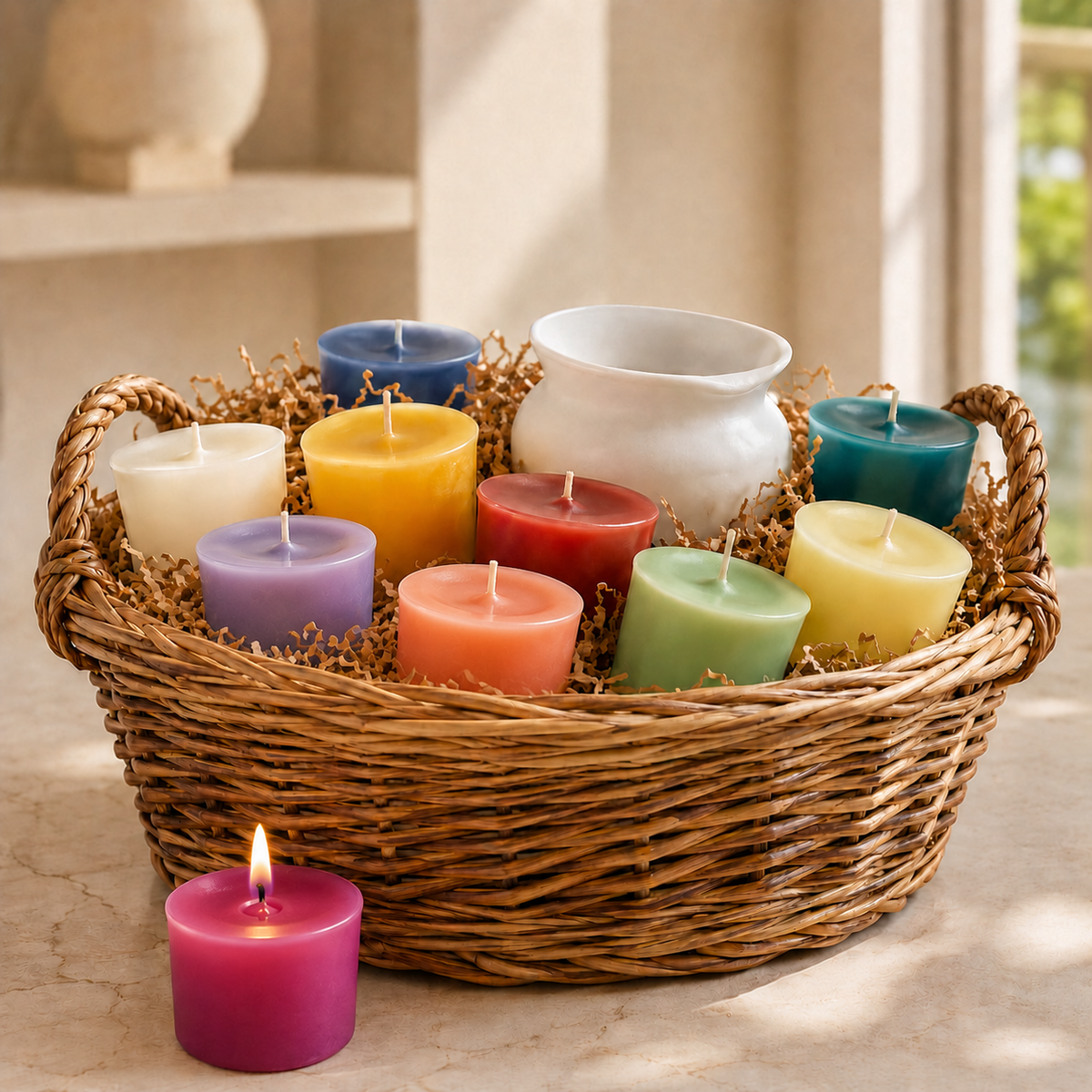Rainbow Glow Candle Gift Basket, Deluxe size: 10 colorful candles and a white ceramic candle holder in a woven basket