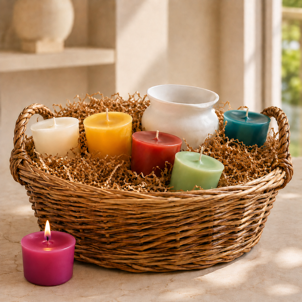 Rainbow Glow Candle Gift Basket, Standard size: 6 colorful candles and a white ceramic candle holder in a woven basket