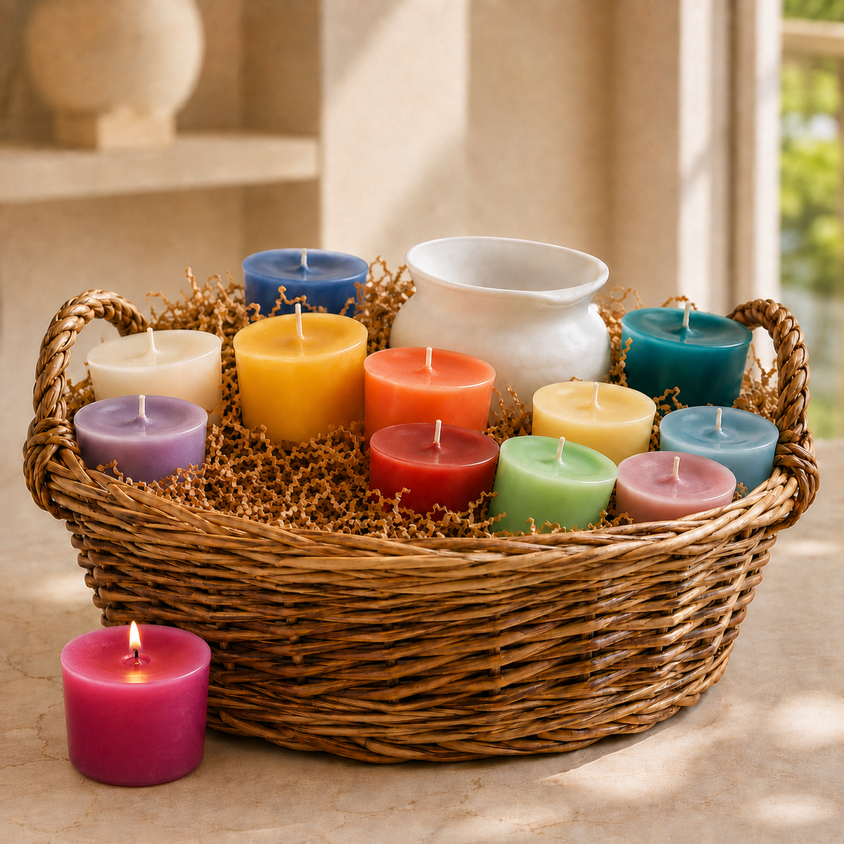 Rainbow Glow Candle Gift Basket, Super Deluxe size: 12 colorful candles and a white ceramic candle holder in a woven basket